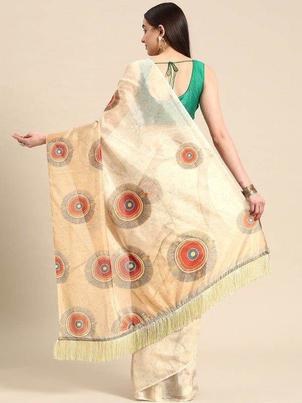 Beige Silk Blend Digital Print Geomatric Saree with Unstitched Blouse - Hiral Fashion | Grocsy
