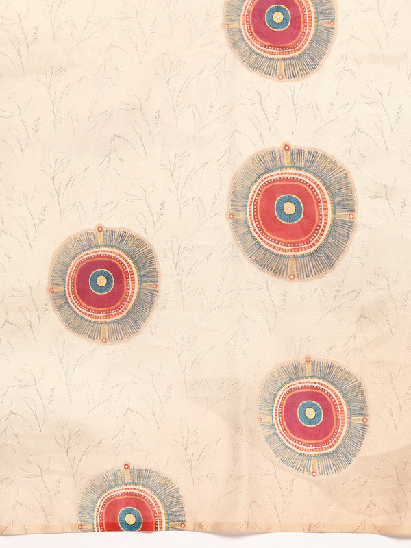 Beige Silk Blend Digital Print Geomatric Saree with Unstitched Blouse - Hiral Fashion | Grocsy