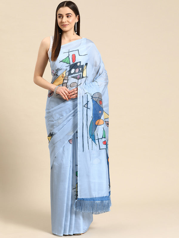 Blue Silk Blend Digital Print Warli Saree with Unstitched Blouse - Hiral Fashion | Grocsy