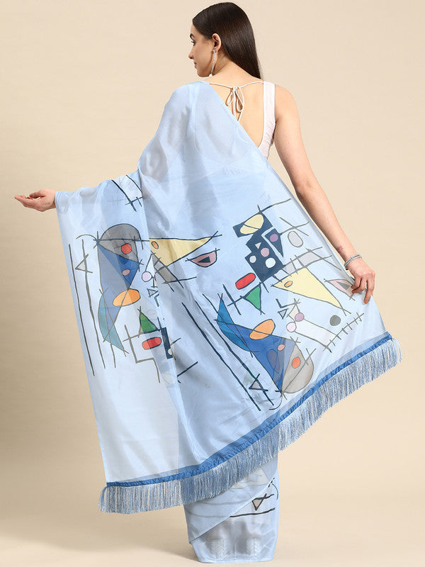 Blue Silk Blend Digital Print Warli Saree with Unstitched Blouse - Hiral Fashion | Grocsy