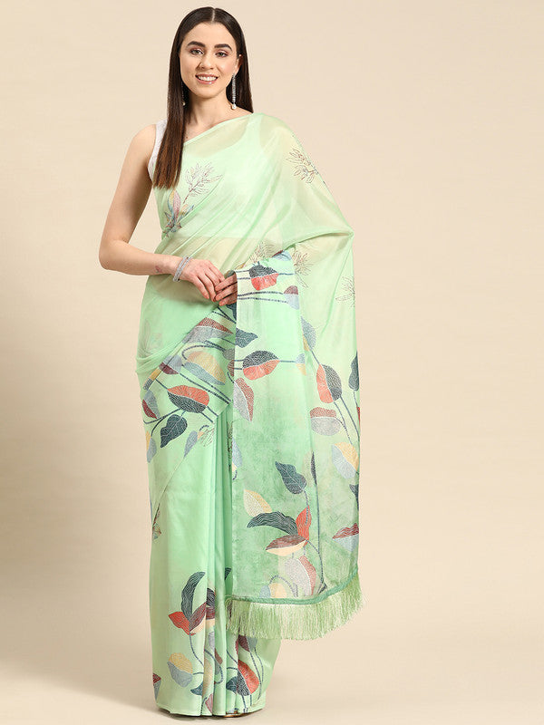 Green Silk Blend Digital Print Floral Saree with Unstitched Blouse - Hiral Fashion | Grocsy