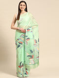 Green Silk Blend Digital Print Floral Saree with Unstitched Blouse - Hiral Fashion | Grocsy