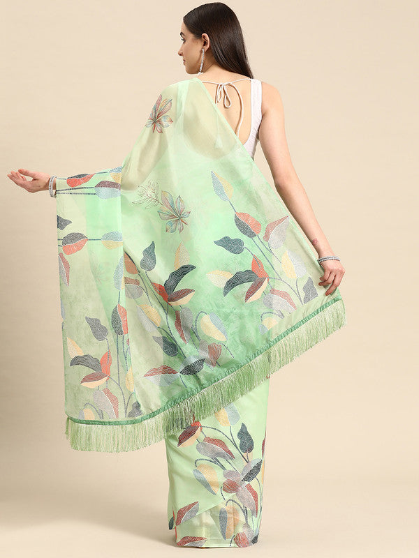 Green Silk Blend Digital Print Floral Saree with Unstitched Blouse - Hiral Fashion | Grocsy