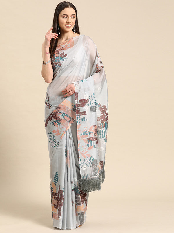 Gray Silk Blend Digital Print Floral Saree with Unstitched Blouse - Hiral Fashion | Grocsy