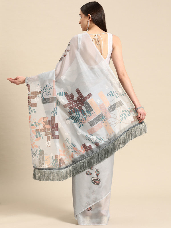 Gray Silk Blend Digital Print Floral Saree with Unstitched Blouse - Hiral Fashion | Grocsy