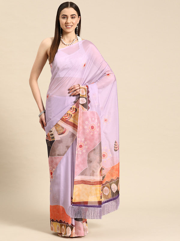 Lavender Silk Blend Digital Print Floral Saree with Unstitched Blouse - Hiral Fashion | Grocsy