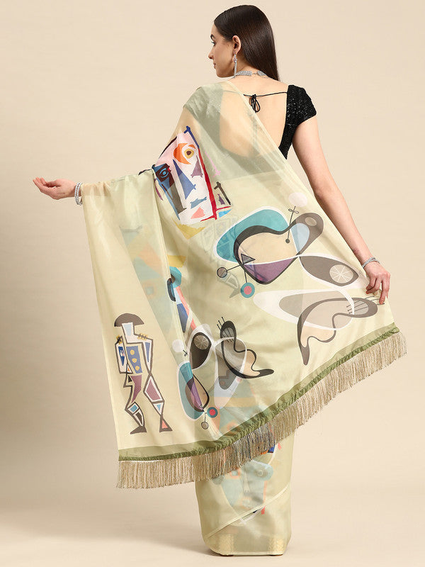 Olive Silk Blend Digital Print Warli Saree with Unstitched Blouse - Hiral Fashion | Grocsy