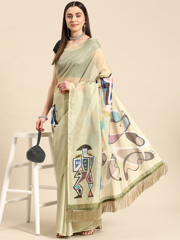 Olive Silk Blend Digital Print Warli Saree with Unstitched Blouse - Hiral Fashion | Grocsy