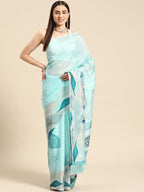 Turquoise Silk Blend Digital Print Abstract Saree with Unstitched Blouse - Hiral Fashion | Grocsy