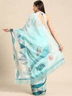 Turquoise Silk Blend Digital Print Abstract Saree with Unstitched Blouse - Hiral Fashion | Grocsy