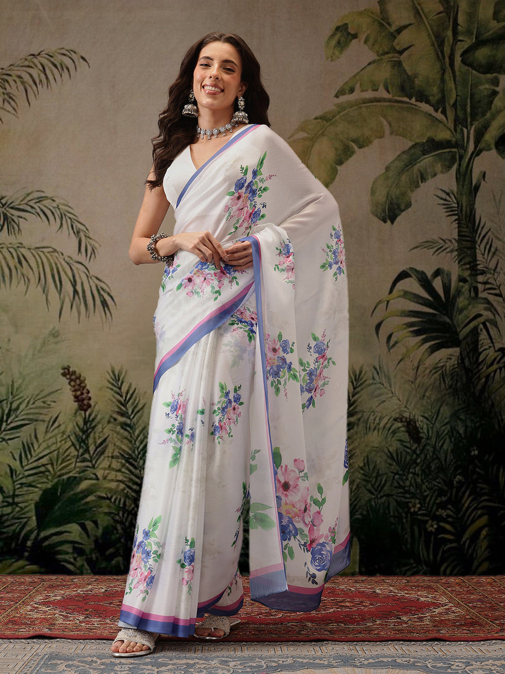 Hiral Fashion White Bollywood Satin Floral Digital Printed Saree | Grocsy