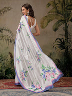 Hiral Fashion White Bollywood Satin Floral Digital Printed Saree | Grocsy