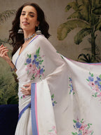 Hiral Fashion White Bollywood Satin Floral Digital Printed Saree | Grocsy