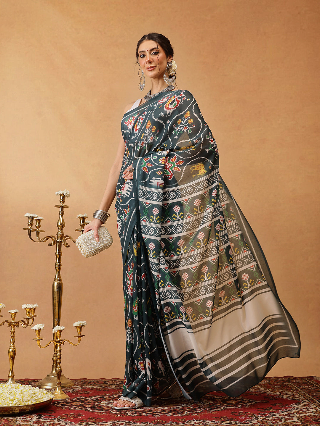 Hiral Fashion Green Bollywood Mul Cotton Ikkat Digital Printed Saree | Grocsy