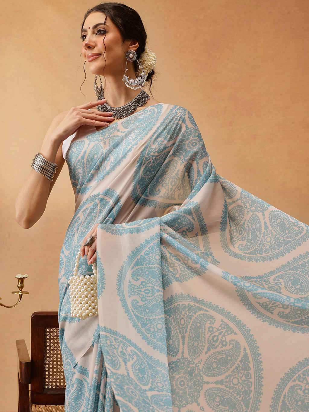 Hiral Fashion Beige Bollywood Mul Cotton Paisely Digital Printed Saree | Grocsy