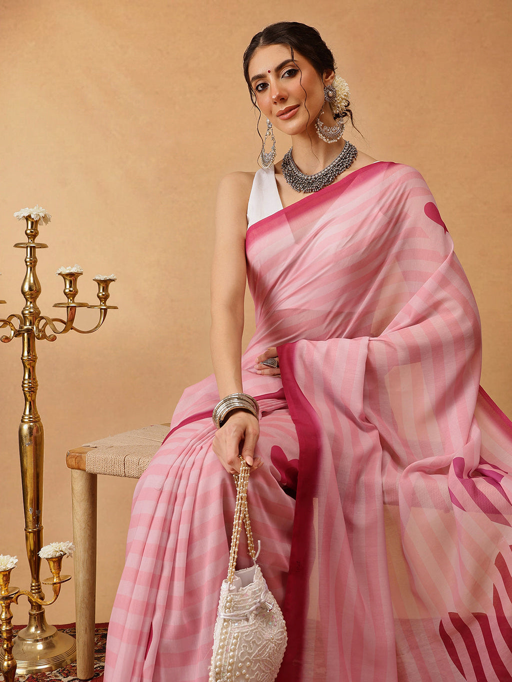 Hiral Fashion Pink Bollywood Mul Cotton Lahariya Digital Printed Saree | Grocsy