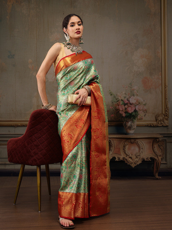 Green Pure Silk Woven Zari Design Floral Saree with Unstitched Blouse - Hiral Fashion | Grocsy