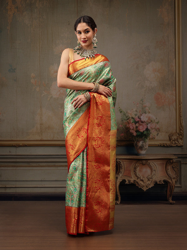 Green Pure Silk Woven Zari Design Floral Saree with Unstitched Blouse - Hiral Fashion | Grocsy