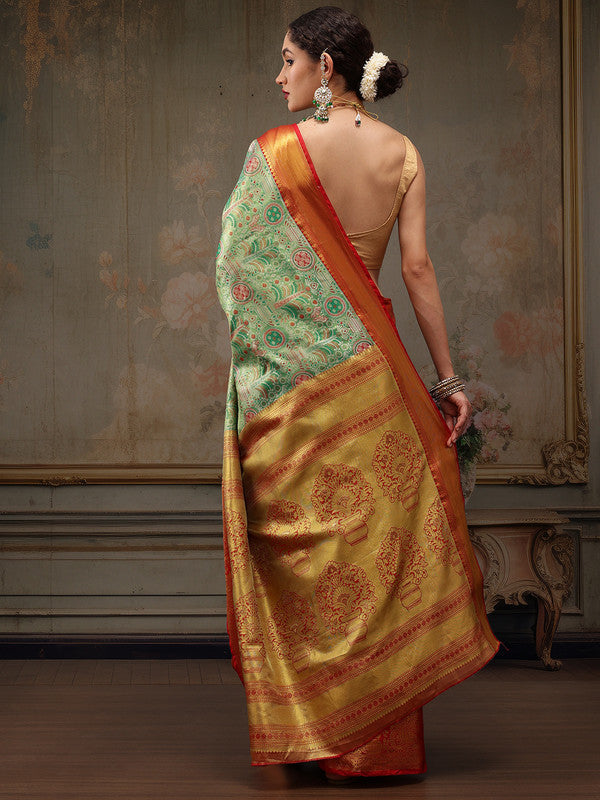 Green Pure Silk Woven Zari Design Floral Saree with Unstitched Blouse - Hiral Fashion | Grocsy