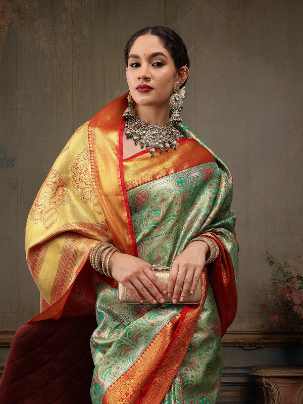 Green Pure Silk Woven Zari Design Floral Saree with Unstitched Blouse - Hiral Fashion | Grocsy