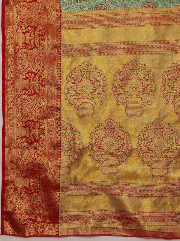 Green Pure Silk Woven Zari Design Floral Saree with Unstitched Blouse - Hiral Fashion | Grocsy