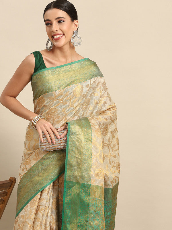 Green Tissue Silk Woven Zari Design Floral Saree with Unstitched Blouse - Hiral Fashion | Grocsy