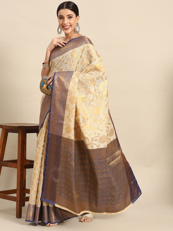 Navy Blue Tissue Silk Woven Zari Design Floral Saree with Unstitched Blouse - Hiral Fashion | Grocsy