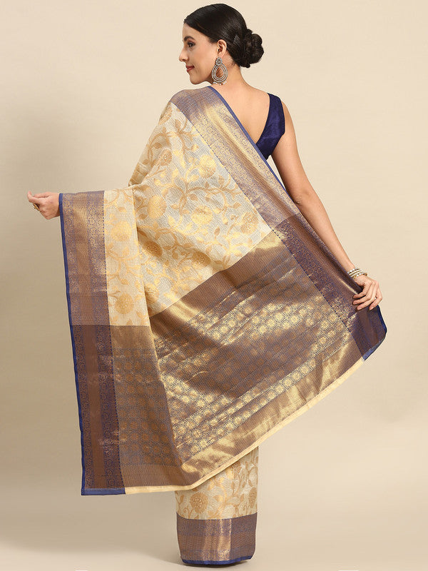 Navy Blue Tissue Silk Woven Zari Design Floral Saree with Unstitched Blouse - Hiral Fashion | Grocsy