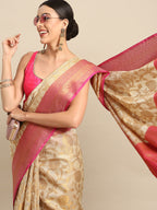 Pink Tissue Silk Woven Zari Design Floral Saree with Unstitched Blouse - Hiral Fashion | Grocsy