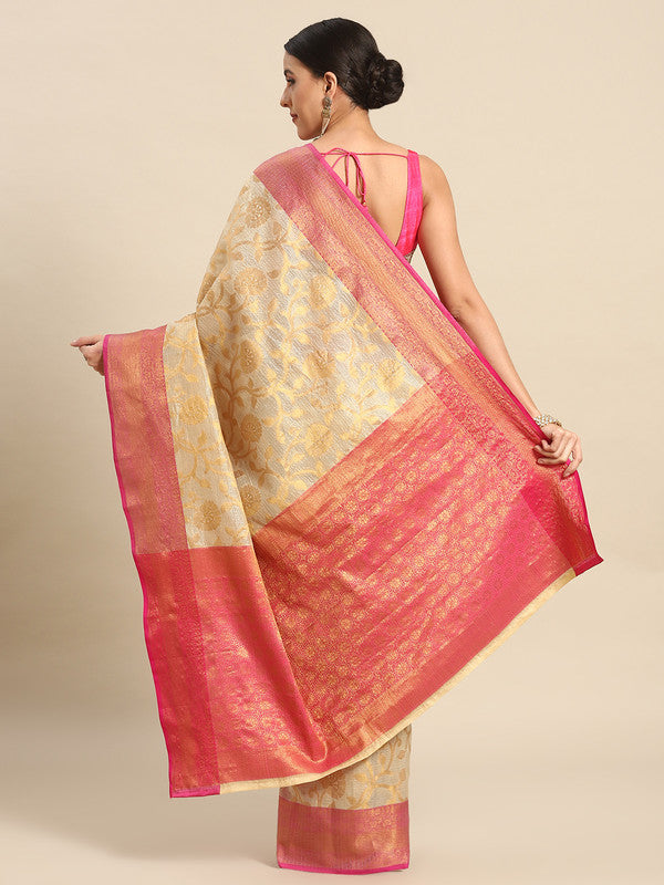 Pink Tissue Silk Woven Zari Design Floral Saree with Unstitched Blouse - Hiral Fashion | Grocsy