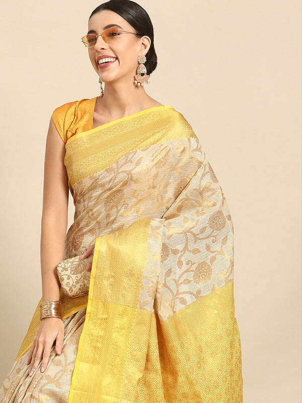 Yellow Tissue Silk Woven Zari Design Floral Saree with Unstitched Blouse - Hiral Fashion | Grocsy