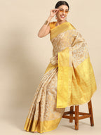 Yellow Tissue Silk Woven Zari Design Floral Saree with Unstitched Blouse - Hiral Fashion | Grocsy