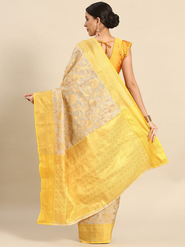 Yellow Tissue Silk Woven Zari Design Floral Saree with Unstitched Blouse - Hiral Fashion | Grocsy