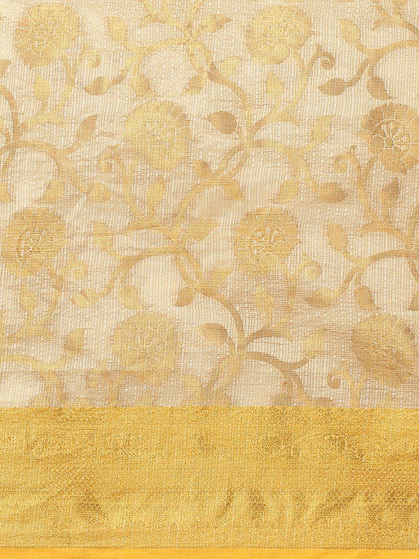 Yellow Tissue Silk Woven Zari Design Floral Saree with Unstitched Blouse - Hiral Fashion | Grocsy