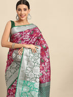 Magenta Brocade Woven Zari Design Floral Saree with Unstitched Blouse - Hiral Fashion | Grocsy