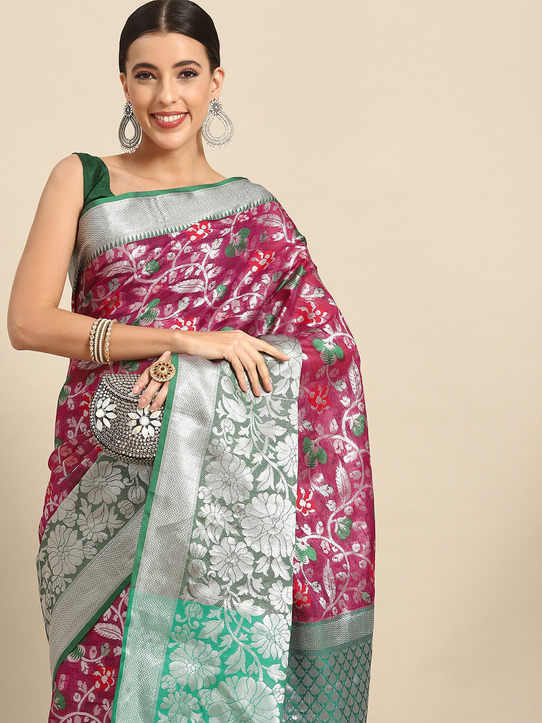 Magenta Brocade Woven Zari Design Floral Saree with Unstitched Blouse - Hiral Fashion | Grocsy