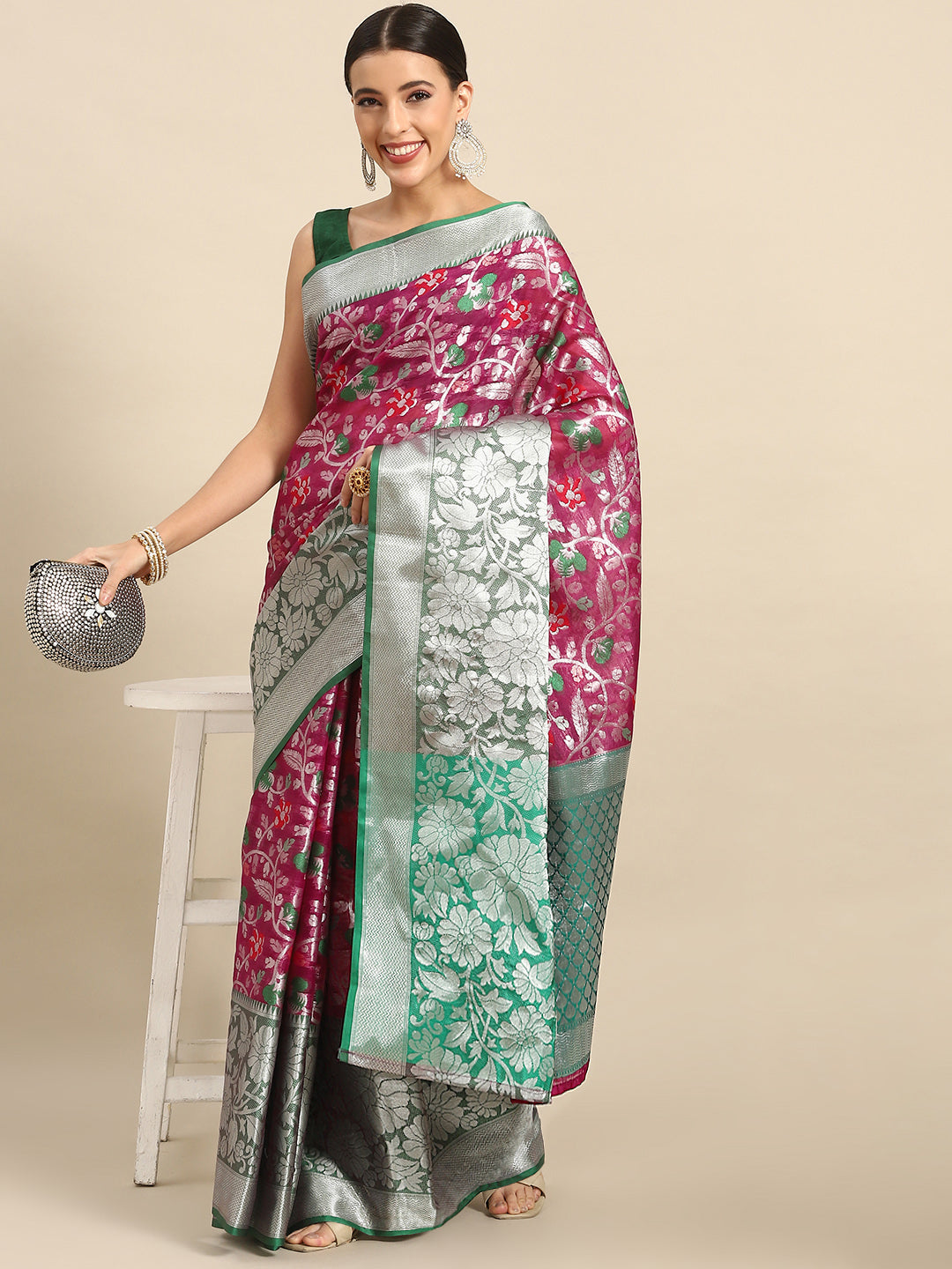 Magenta Brocade Woven Zari Design Floral Saree with Unstitched Blouse - Hiral Fashion | Grocsy