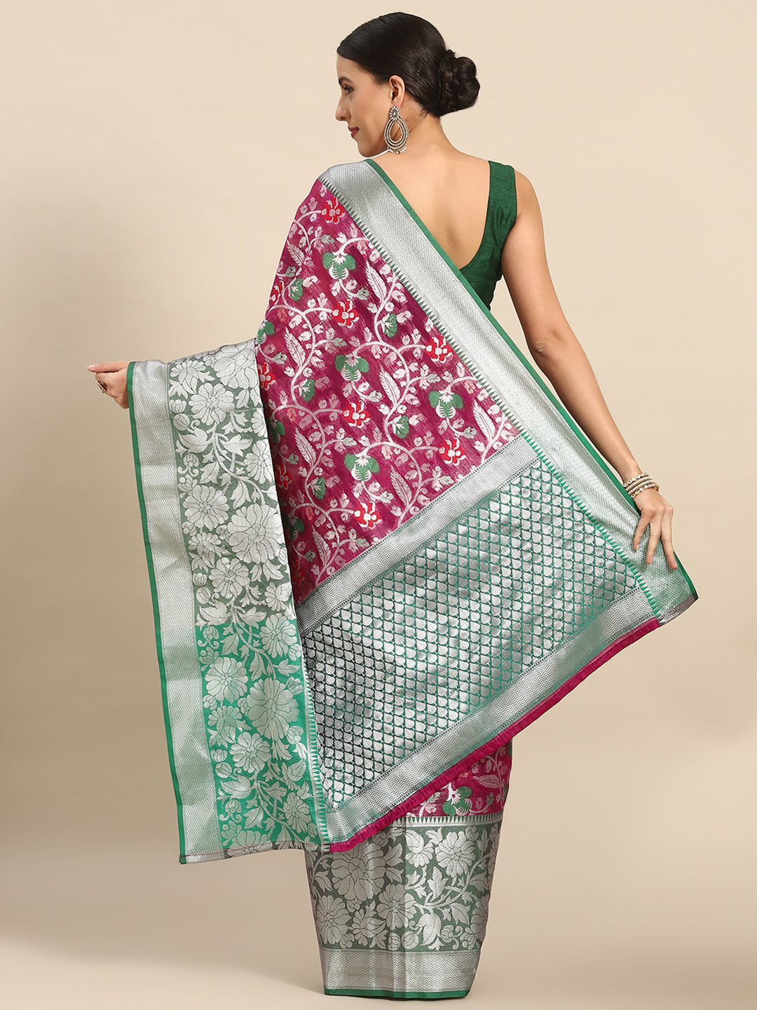 Magenta Brocade Woven Zari Design Floral Saree with Unstitched Blouse - Hiral Fashion | Grocsy