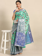 Turquoise Brocade Woven Zari Design Floral Saree with Unstitched Blouse - Hiral Fashion | Grocsy
