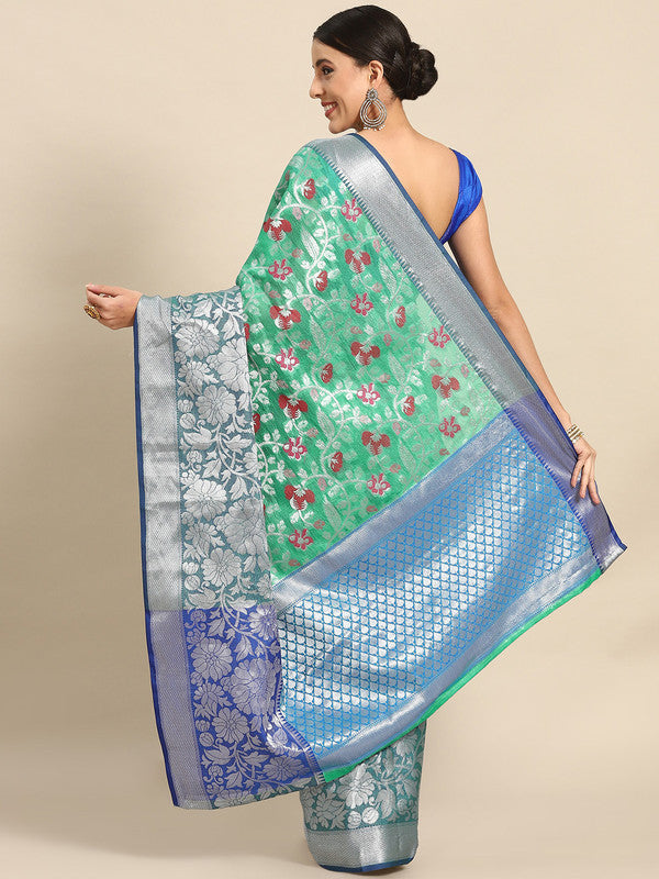 Turquoise Brocade Woven Zari Design Floral Saree with Unstitched Blouse - Hiral Fashion | Grocsy