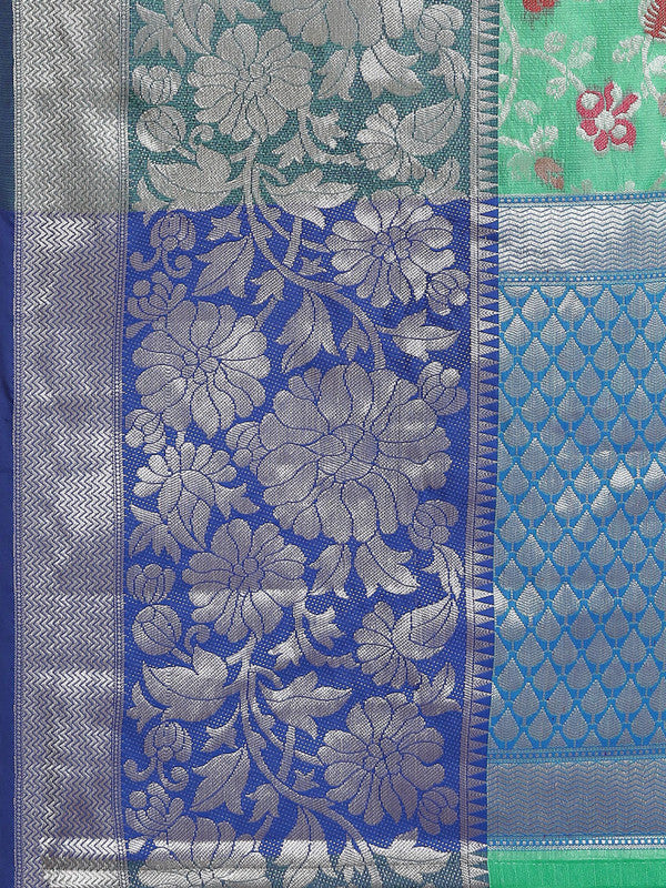Turquoise Brocade Woven Zari Design Floral Saree with Unstitched Blouse - Hiral Fashion | Grocsy