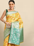 Yellow Brocade Woven Zari Design Floral Saree with Unstitched Blouse - Hiral Fashion | Grocsy