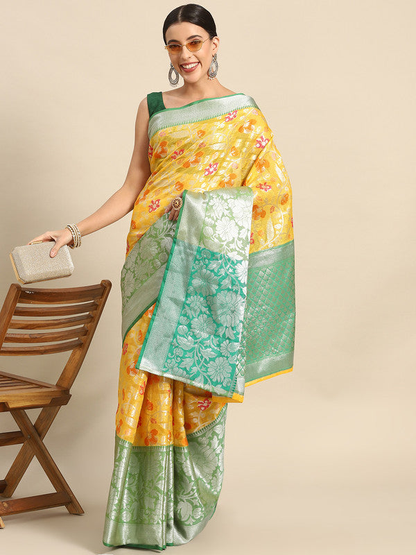 Yellow Brocade Woven Zari Design Floral Saree with Unstitched Blouse - Hiral Fashion | Grocsy