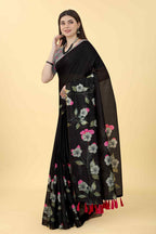 Black Cotton Blend Printed Floral Saree with Unstitched Blouse - Hiral Fashion | Grocsy