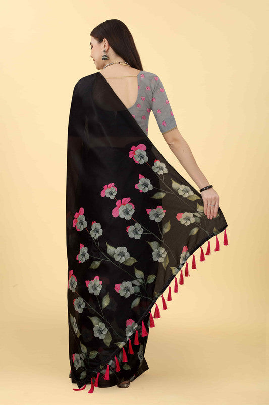 Black Cotton Blend Printed Floral Saree with Unstitched Blouse - Hiral Fashion | Grocsy
