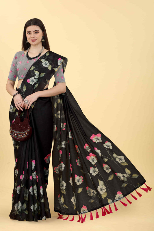 Black Cotton Blend Printed Floral Saree with Unstitched Blouse - Hiral Fashion | Grocsy