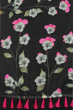 Black Cotton Blend Printed Floral Saree with Unstitched Blouse - Hiral Fashion | Grocsy