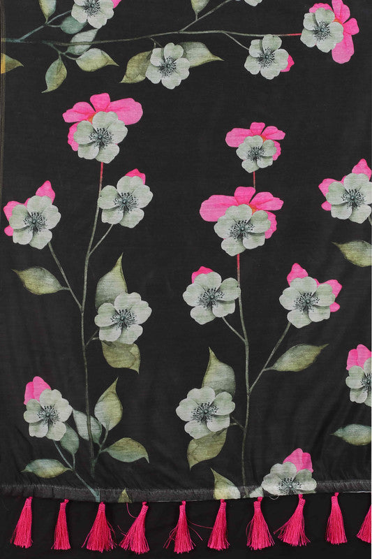 Black Cotton Blend Printed Floral Saree with Unstitched Blouse - Hiral Fashion | Grocsy
