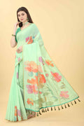 Green Cotton Blend Printed Floral Saree with Unstitched Blouse - Hiral Fashion | Grocsy