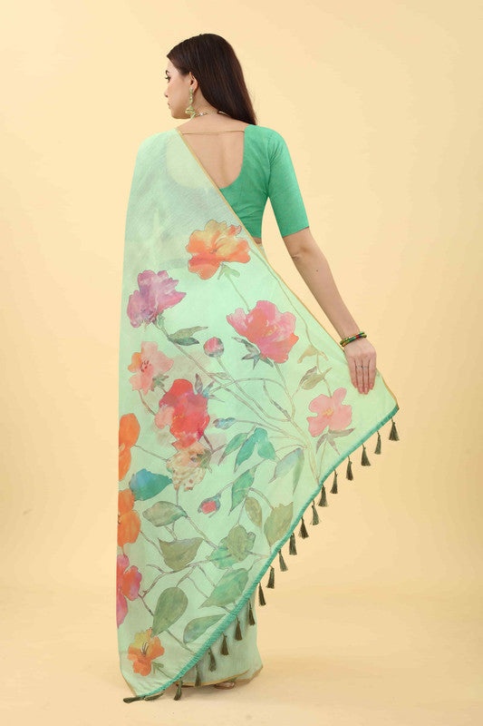 Green Cotton Blend Printed Floral Saree with Unstitched Blouse - Hiral Fashion | Grocsy
